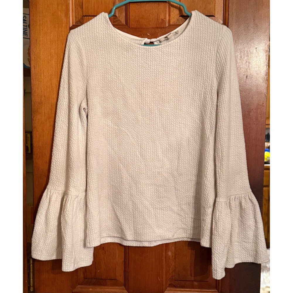Porridge Clothing Cream Textured Bell Sleeve Keyhole Back Top Small